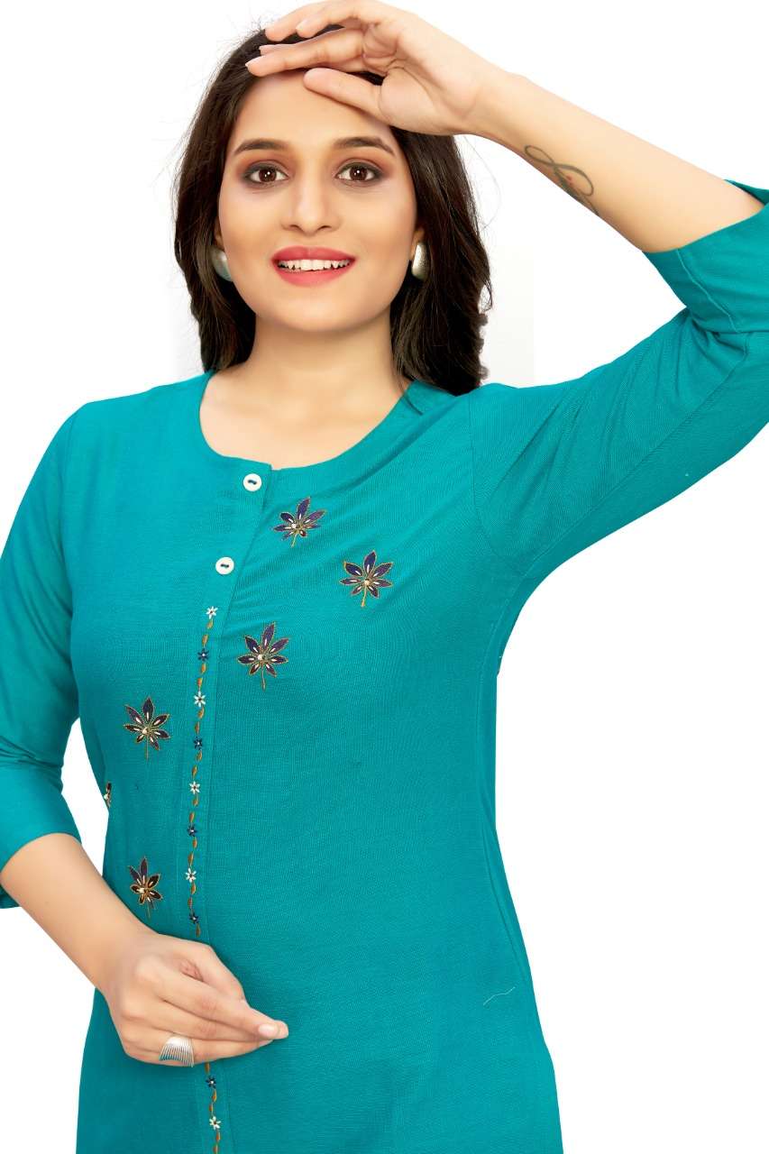 Buy Latest Style Thread Work Embroidered Peacock Green Rayon Kurti LKV00911